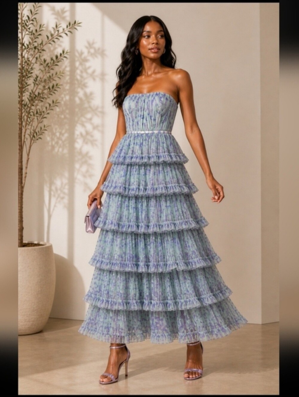 Hutch Giada Floral Mesh  Strapless Tiered Dress - Purple and Green Size 6p